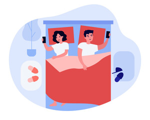 Wall Mural - married couple lying in bed and using smartphones. slippers, cellphone, bedroom flat vector illustra