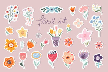 springtime stickers, magnets collection with decorative floral design
