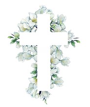 Watercolor Illustration. Christian Cross Made Of Green Leaves, White Flowers.  Design For Easter, Baptism, Christening, Cards, Paper, Invitations, Scrapbooking, Textiles, Wrapping 