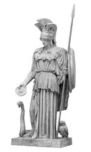 Ancient Greek Roman Statue Of Goddess Athena God Of Wisdom And The Arts Historical Sculpture Isolated On White. Marble Woman In Helmet Sculpture