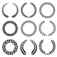 Wall Mural - Set of black and white rounded laurel foliate and wheat wreaths