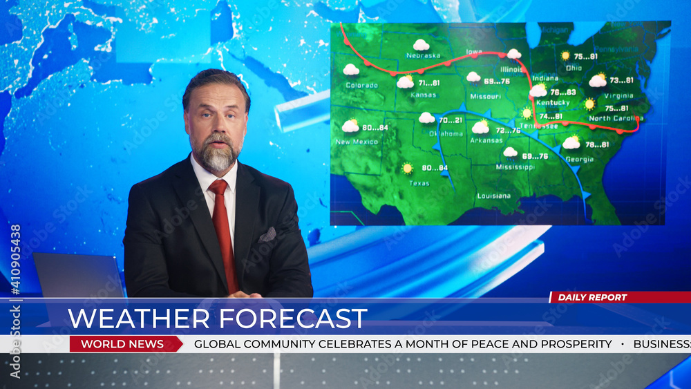 Weather Show Live News Studio Professional Anchor Reporting on Weather Forecast ...