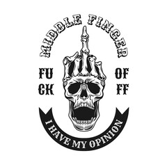 Wall Mural - Vintage middle finger on skull emblem. Monochrome design element with human skull showing fuck off hand gesture and text. Nonconformist concept for tattoo, stamp, print template