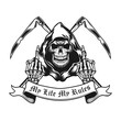 Retro emblem with grim reaper showing middle fingers. Monochrome design element with skeleton, crossed scythe, fuck off gesture and text. Expression concept for tattoo, stamp, print template