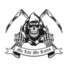 Retro Emblem With Grim Reaper Showing Middle Fingers. Monochrome Design Element With Skeleton, Crossed Scythe, Fuck Off Gesture And Text. Expression Concept For Tattoo, Stamp, Print Template