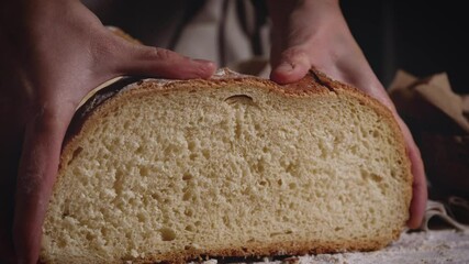 Wall Mural - Close up of hands that press a traditional bread. Healthy, natural food for meal or breakfast. Close-up of soft interior of the bread. sourdough crumb