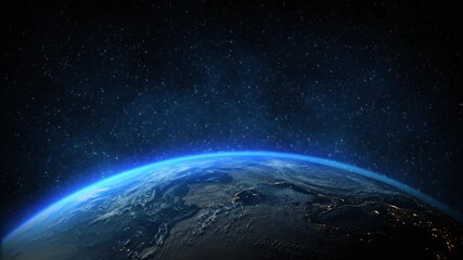 Wall Mural - Animation of Earth planet, world, globe view from above white clouds formation . Blue space starry in background