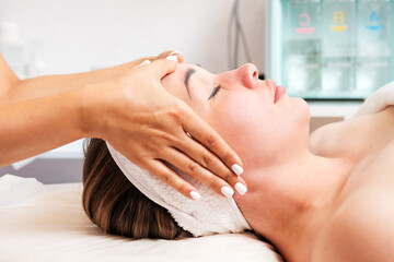 Wall Mural - The cosmetologist massages the woman's face, preparing for the procedure. Portrait of the client and the doctor's hands in close-up. Side view. Concept of cosmetology and treatment