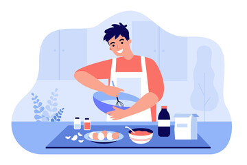 Happy man in apron mixing ingredients in bowl flat vector illustration. Cartoon guy preparing dough or cooking dessert at kitchen table. Homemade pastry and baking concept