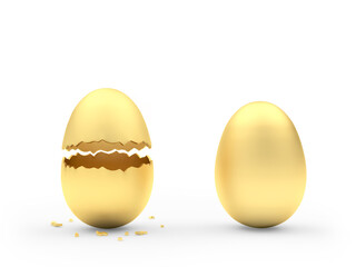 Two golden eggs whole and broken isolated on white. 3d illustration 