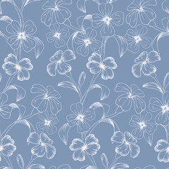  Seamless vector pattern with outline white flowers on a blue background. Line art sketch. Good print for wallpaper, textile, wrapping paper, ceramic tiles