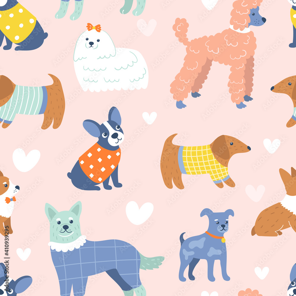 Funny dogs pattern in cute outfits Stock Vector | Adobe Stock