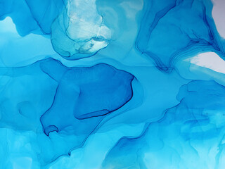  Abstract blue background, wallpaper. Mixing acrylic paints. Modern art. Marble texture. Alcohol ink colors translucent