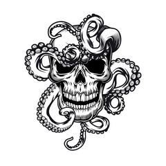 Canvas Print - Head of skeleton with tentacles tattoo template. Monochrome element with octopus in pirate skull vector illustration. Sea life concept for symbols and emblems design