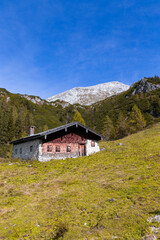 Poster - Alpine cabin in front of Hoher Göll in Berchtesgadener Land, Bavaria, Germany, in autumn.