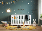 3d Mockup green nursery interior with a white cradle lots of toys and colorful flags	
