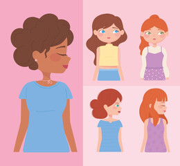 Wall Mural - portrait and profile young women cartoon