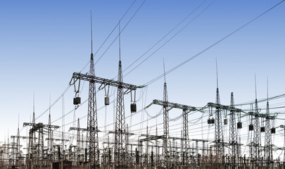 Wall Mural - power line pylons and transformers in the daytime. distribution, transmission and consumption of ele