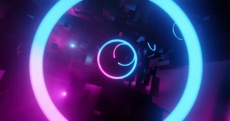 Wall Mural - neon cyber city race loop. flyby inside a huge abstract dark city in the night with neon lighting an