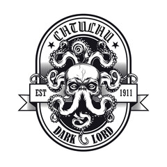 Poster - Black and white emblem with Cthulhu head vector illustration. Vintage sign or sticker with ancient myth creature or octopus. Horror and mythology concept can be used for poster and badge