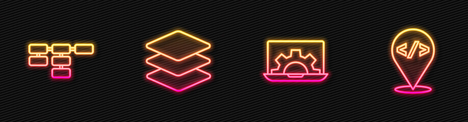 Set line Web development, Site map, Layers and Front end. Glowing neon icon. Vector.