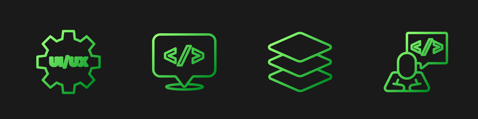 Set line Layers, UI or UX design, Front end development and . Gradient color icons. Vector.