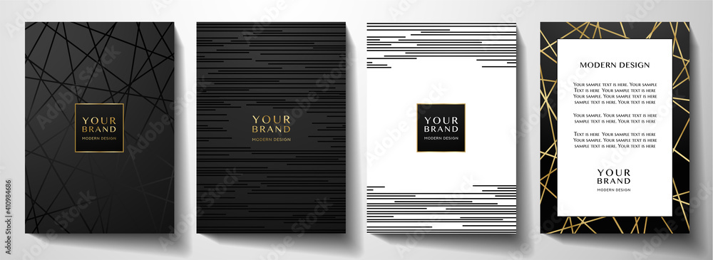 Modern black cover design set. Luxury creative line pattern in premium colors: black, gold and white. Formal vector for notebook cover, business poster, brochure template, magazine layout - obrazy, fototapety, plakaty 