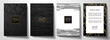 © Shiny777 - Modern black cover design set. Luxury creative line pattern in premium colors: black, gold and white. Formal vector for notebook cover, business poster, brochure template, magazine layout