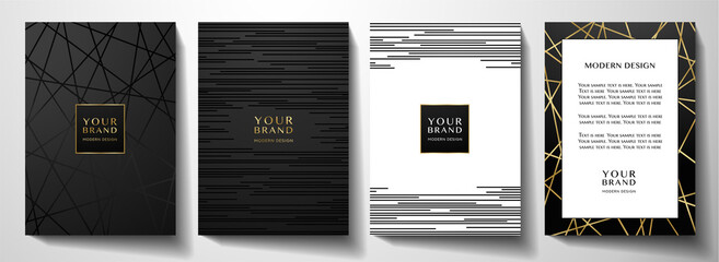 modern black cover design set. luxury creative line pattern in premium colors: black, gold and white