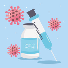 Wall Mural - covid19 virus vaccine vial with syringe and particles vector illustration design