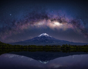 milky way arch above mt.fuji mirroring in lake water. majestic night scenery in japan.