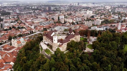 Wall Mural - Ljubljana castle on a hill. A bird's-eye view of the city of Ljubljana.