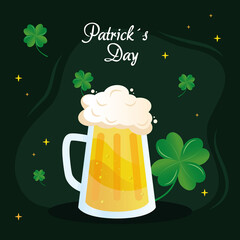 Wall Mural - saint patricks day lettering with beer jar and clovers vector illustration design