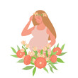 © kat - A pregnant girl holds her hand on her tummy. A young woman surrounded by flowers. Vector illustration of motherhood and child expectation, an emblem for designs, posters and greeting cards.