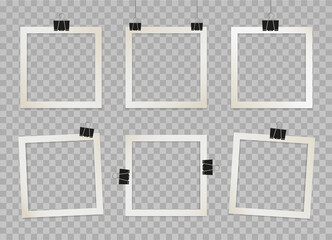 Wall Mural - Set of golden square photo frames on binder clips. Vector 3d realistic. Mockup for design, portfolio, social media or branding. Blank template on a transparent background. 6 empty beige photo cards.