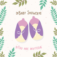 Wall Mural - baby shower lettering card with shoes vector illustration design