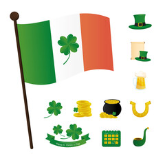 Sticker - saint patricks day lettering in ribbon with ireland flag and set icons vector illustration design