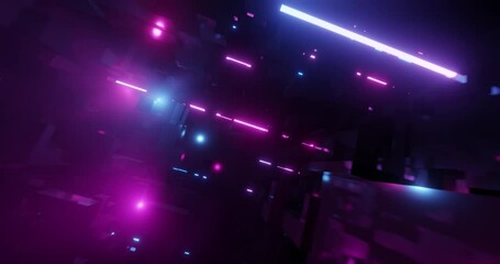 Wall Mural - flying and racing through a neon city with light tech digital effect. bright pink and blue neon lens