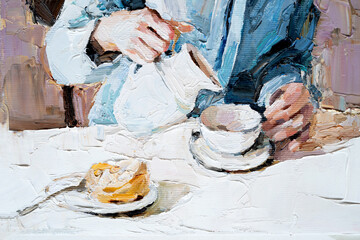 .Fragment of the picture. The girl is having breakfast in a cafe. Woman pours cream into coffee. Oil painting on canvas.