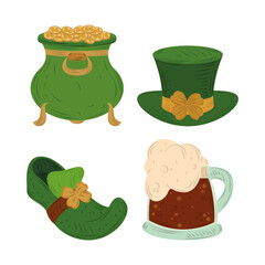 Poster - happy st patricks day leprechaun cauldron shoe hat and beer icon flat vector