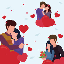 Happy Valentines Day Couple With Hearts And Flowers Vector Design