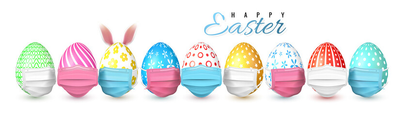 Poster - Happy Easter. Color Easter egg in medical face mask on white background. Vector illustration