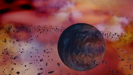 Wall Mural - Animation of red rocky planet in a flaming galaxy in outer space .