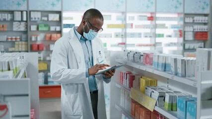 Wall Mural - Pharmacy: Portrait of Professional Black Pharmacist Wearing Face Mask Uses Digital Tablet Computer, Checks Inventory of Medicine, Drugs, Vitamins, Health Care Products on a Shelf. Drugstore Store