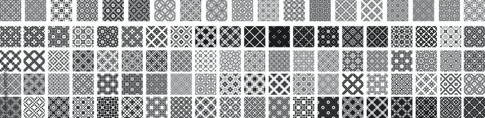 100 Universal different geometric seamless patterns. Endless vector texture can be used for wrapping wallpaper, pattern fills, web background,surface textures. Set of monochrome ornaments - obrazy, fototapety, plakaty 