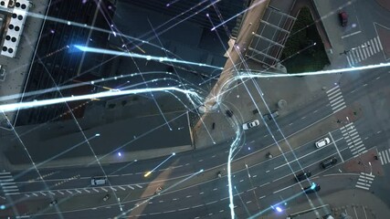 Big City Business Partners Use Tablet Computer on Crowded Street. E-Commerce Visualization of Information Lines Flying from Tablet into Global Digital Network. Top Down Zoom out Aerial Drone Shot