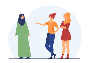 Wall Mural - Girls bullying Muslim classmate. Shaming, teasing, minority. Flat vector illustration. Social problem, violence, cultural difference concept for banner, website design or landing web page