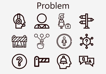 Premium set of problem [S] icons. Simple problem icon pack. Stroke vector illustration on a white background. Modern outline style icons collection of Choice, Restroom, Signpost, Psychologist, Alert