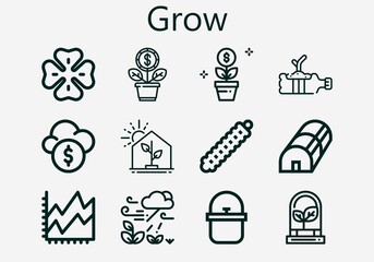 Premium set of grow [S] icons. Simple grow icon pack. Stroke vector illustration on a white background. Modern outline style icons collection of Plant, Pot, Growth, Line chart, Clover, Caterpillar