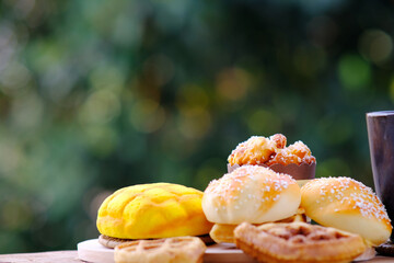 Wall Mural - bakery and cake on table background and space for text